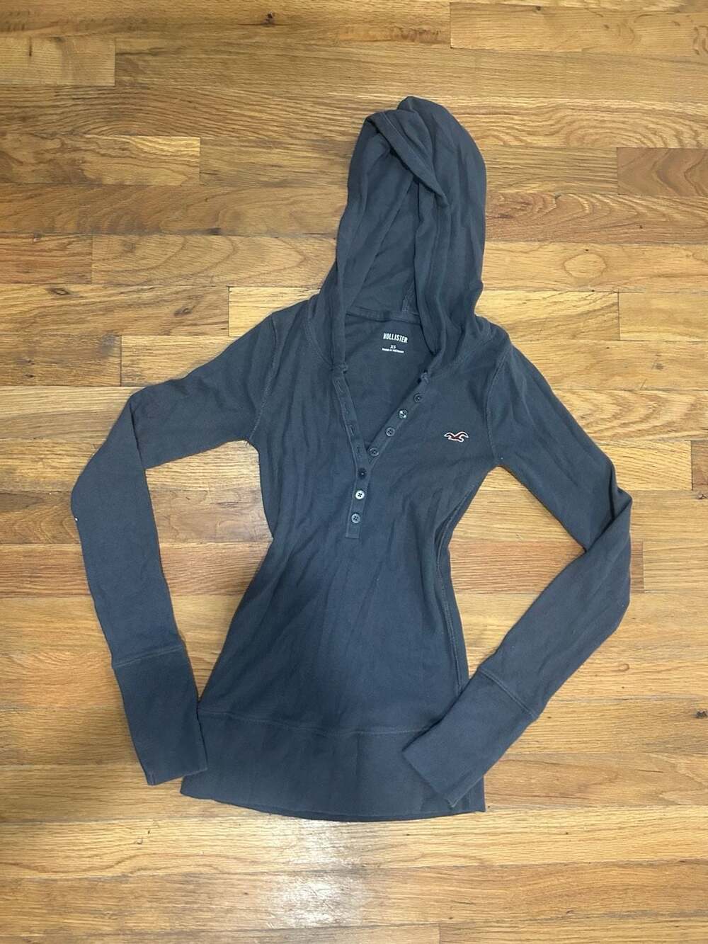 Hollister Hooded Henley Dark Gray Ribbed Long Sleeve Top